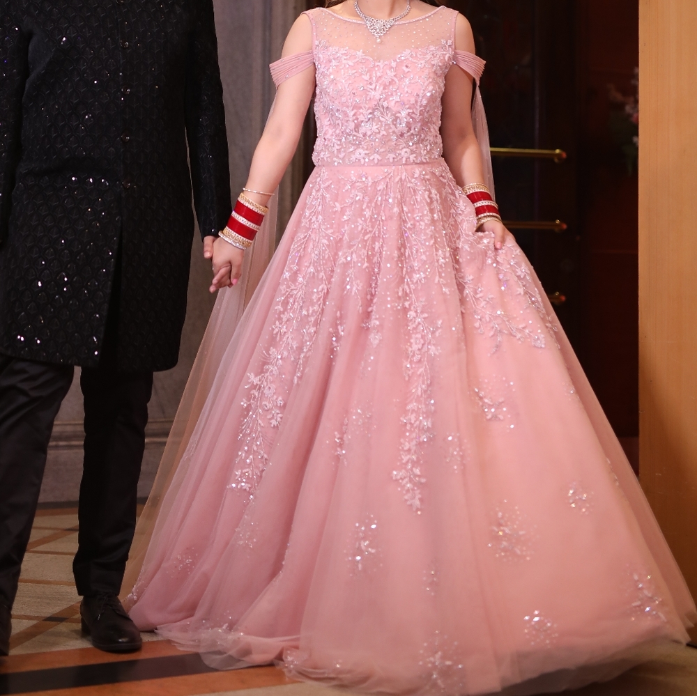 Shankuntlam Beautiful Pink Heavy Wedding Ball Gown with bell sleeves - Picture 1 of 6